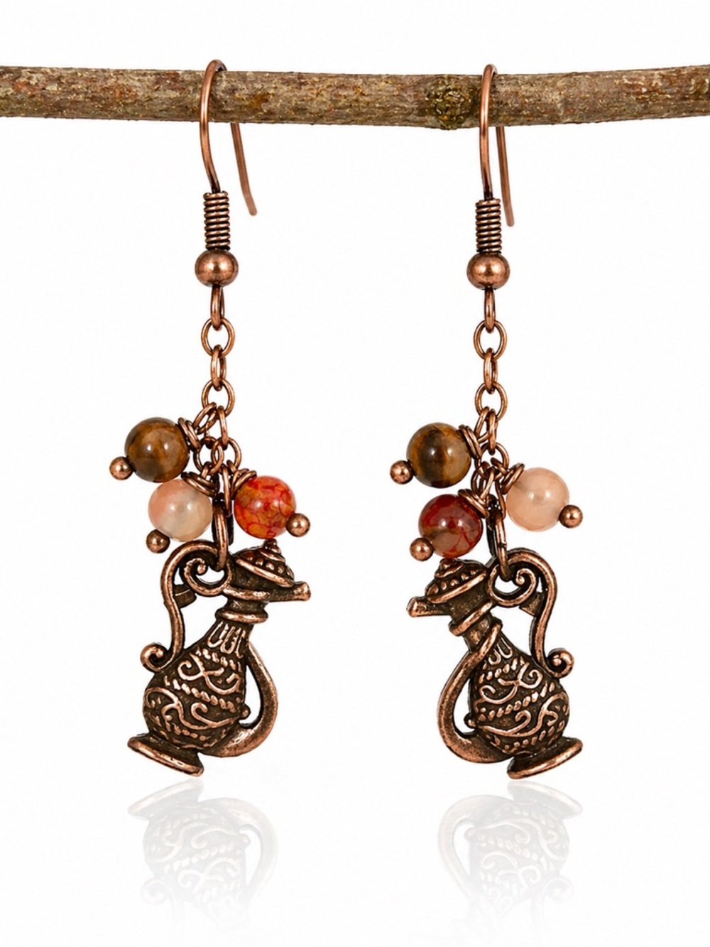 Copper Teapot Earrings, Whimsical Boho Dangle, Beaded Charm